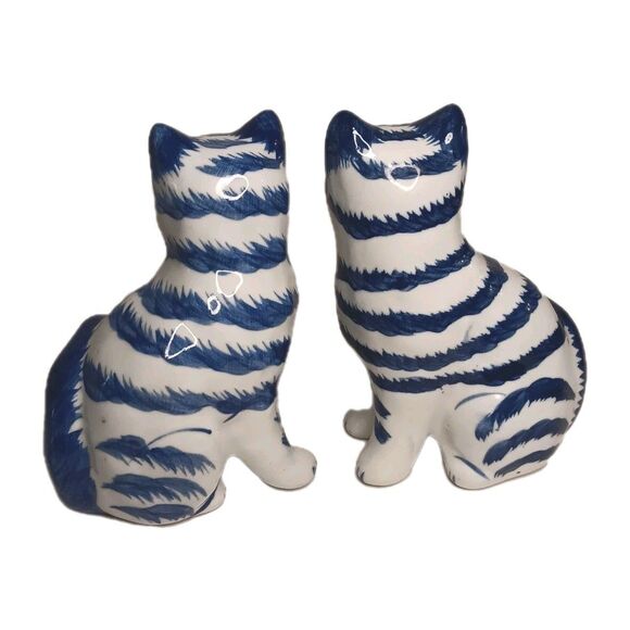 Blue & White Striped Cat Figurines Porcelain Handpainted Set Of Two 4.5" X 3.25" - Picture 3 of 10